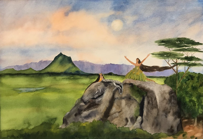 Hauwahine and Mahina at Nā Pōhaku o Hauwahine Watercolor  15x22